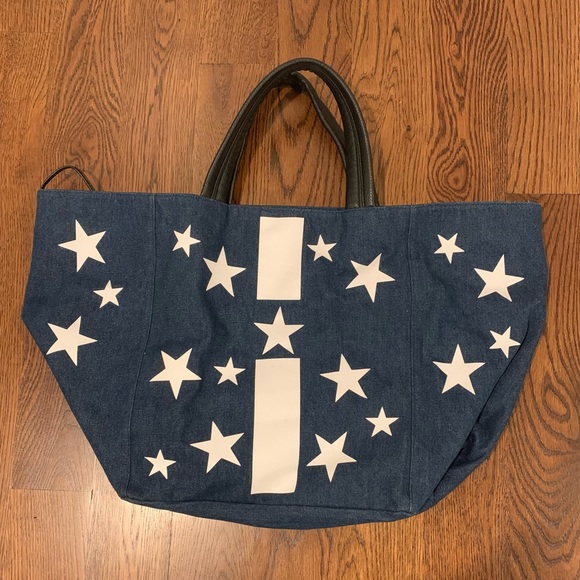 Large denim shopping bag w/ white stripe and stars - Picture 2 of 6